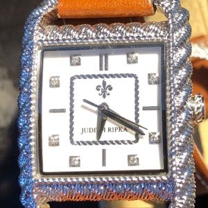 Judith Ripka double wrap stainless and leather watch with cubic zirconia